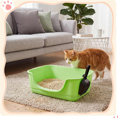 2 Pack Small Cat Litter Boxes with Scoops, Plastic Open Top Litter Tray Pan for Kitty, with High Sides and Low Entry, Anti Splash and Easy to Clean, for Indoor Little Pets Puppy(Yellow,Green)