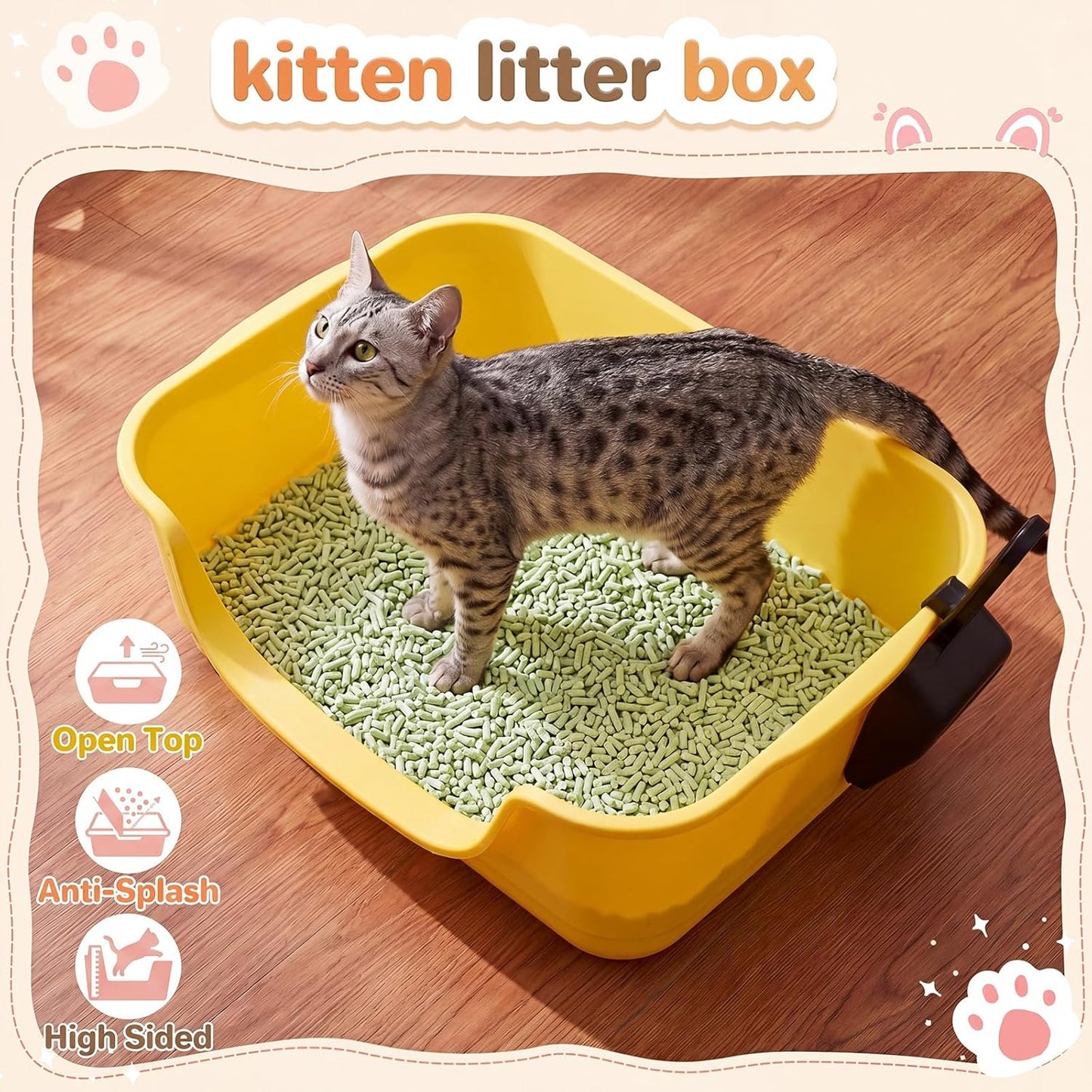 2 Pack Small Cat Litter Boxes with Scoops, Plastic Open Top Litter Tray Pan for Kitty, with High Sides and Low Entry, Anti Splash and Easy to Clean, for Indoor Little Pets Puppy(Yellow,Green)
