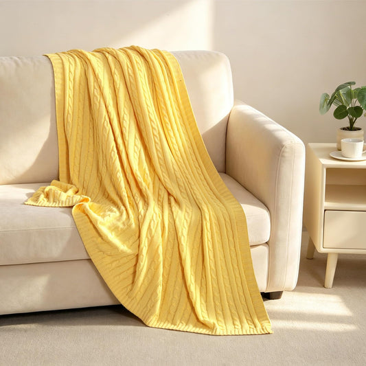 100% Cotton Cable Knit Throw Blanket, Ultra Soft, Warm, Machine Washable and Breathable Knitted Throw Blanket for Bed, Sofa, Chair, Couch, Home Decor, 51x67 Inches, Yellow