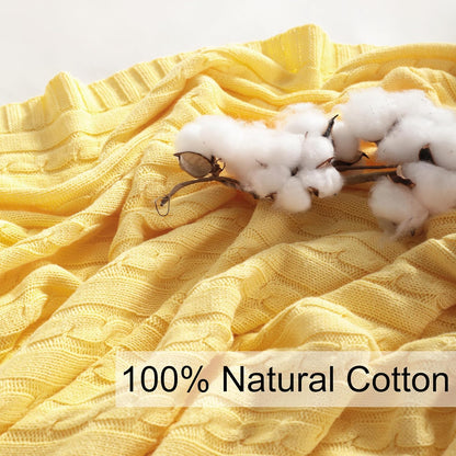 100% Cotton Cable Knit Throw Blanket, Ultra Soft, Warm, Machine Washable and Breathable Knitted Throw Blanket for Bed, Sofa, Chair, Couch, Home Decor, 51x67 Inches, Yellow