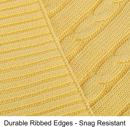 100% Cotton Cable Knit Throw Blanket, Ultra Soft, Warm, Machine Washable and Breathable Knitted Throw Blanket for Bed, Sofa, Chair, Couch, Home Decor, 51x67 Inches, Yellow
