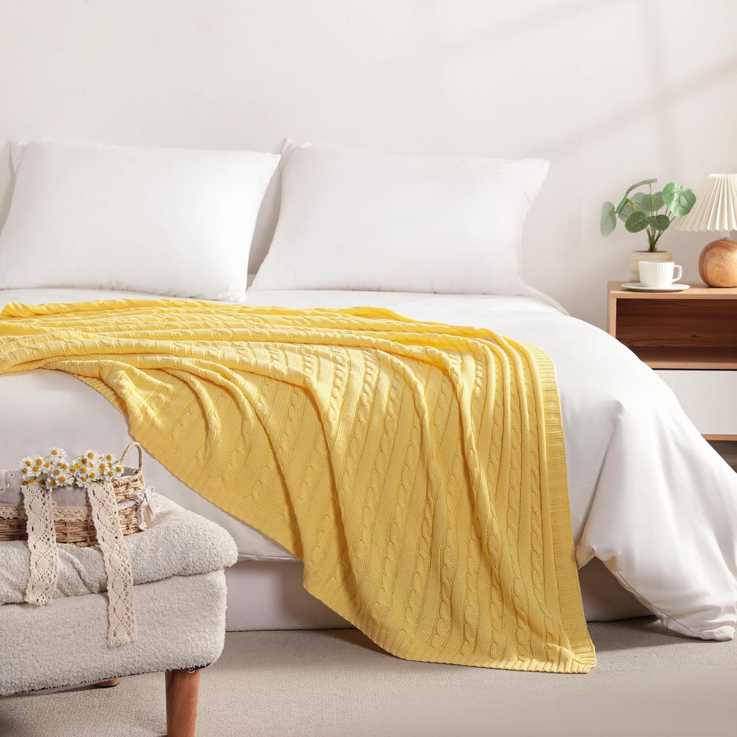 100% Cotton Cable Knit Throw Blanket, Ultra Soft, Warm, Machine Washable and Breathable Knitted Throw Blanket for Bed, Sofa, Chair, Couch, Home Decor, 51x67 Inches, Yellow