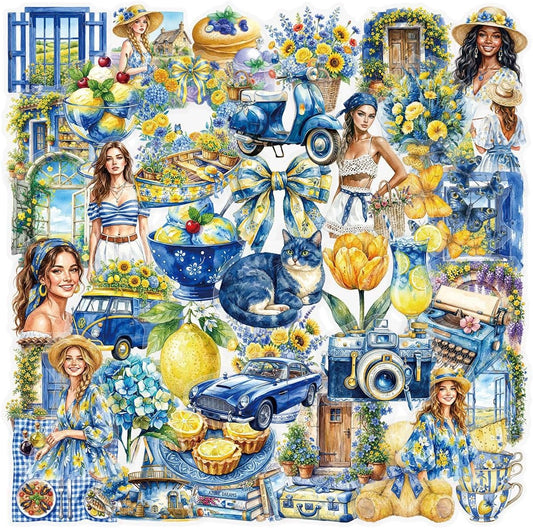50Pcs Blue Yellow Watercolor Cottage Country Stickers | PET scratch-proof decals, residue-free reusable craft supplies & journal accessories for tumbler laptop luggage decor
