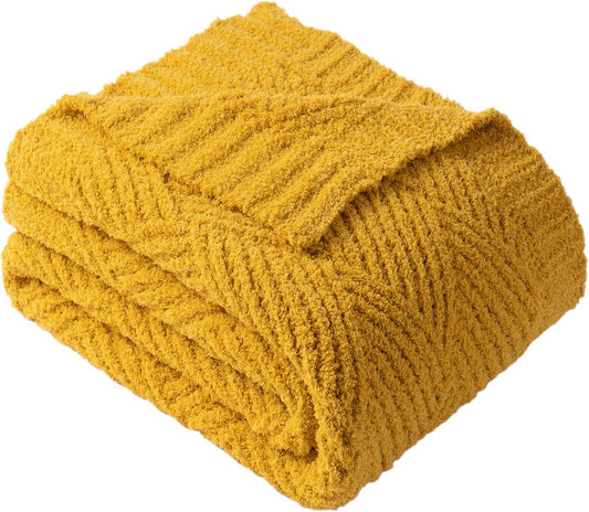 Battilo Yellow Chenille Throw Blanket for Couch, Soft Diamond Textured Knit Blanket, Cozy Lightweight Decorative for Sofa, 50"x60"