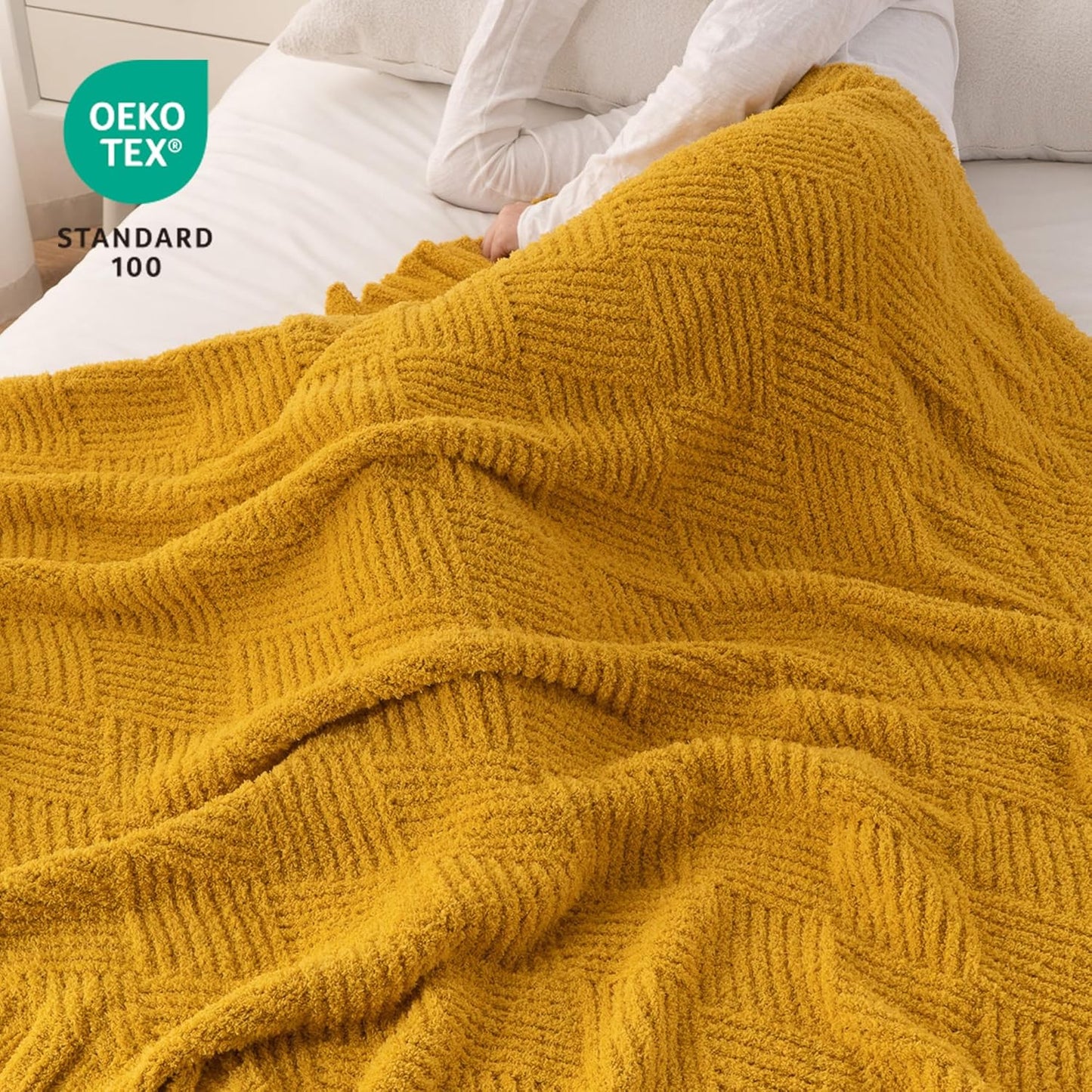Battilo Yellow Chenille Throw Blanket for Couch, Soft Diamond Textured Knit Blanket, Cozy Lightweight Decorative for Sofa, 50"x60"