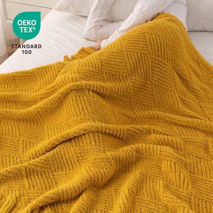 Battilo Yellow Chenille Throw Blanket for Couch, Soft Diamond Textured Knit Blanket, Cozy Lightweight Decorative for Sofa, 50"x60"