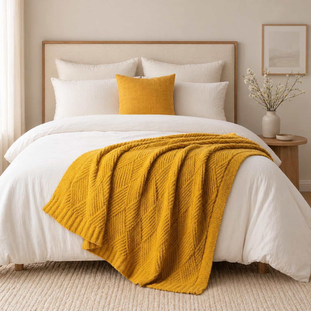 Battilo Yellow Chenille Throw Blanket for Couch, Soft Diamond Textured Knit Blanket, Cozy Lightweight Decorative for Sofa, 50"x60"