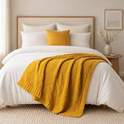 Battilo Yellow Chenille Throw Blanket for Couch, Soft Diamond Textured Knit Blanket, Cozy Lightweight Decorative for Sofa, 50"x60"