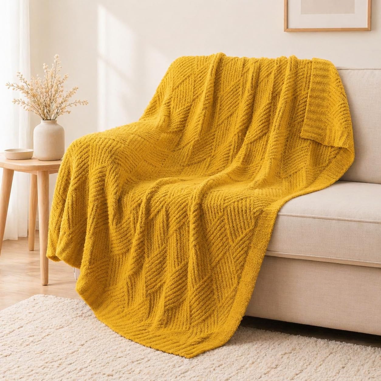 Battilo Yellow Chenille Throw Blanket for Couch, Soft Diamond Textured Knit Blanket, Cozy Lightweight Decorative for Sofa, 50"x60"