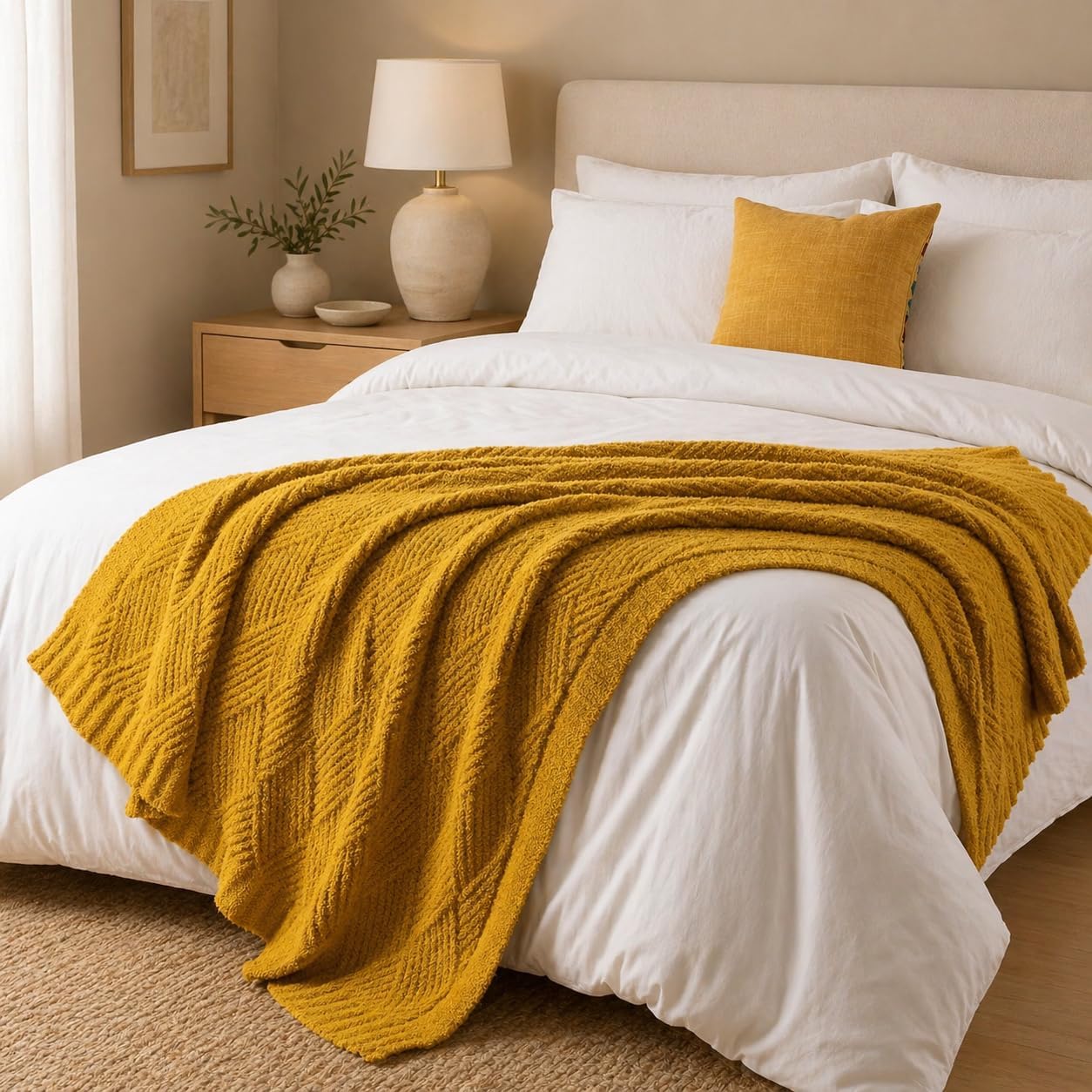 Battilo Yellow Chenille Throw Blanket for Couch, Soft Diamond Textured Knit Blanket, Cozy Lightweight Decorative for Sofa, 50"x60"