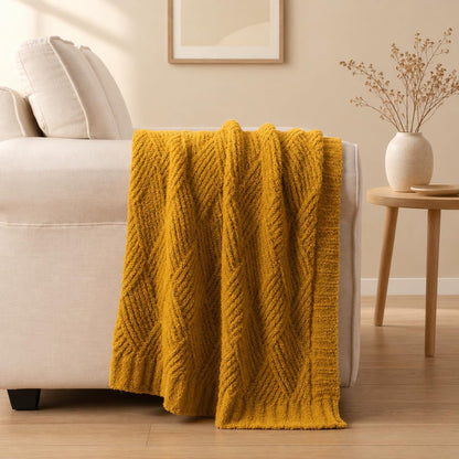 Battilo Yellow Chenille Throw Blanket for Couch, Soft Diamond Textured Knit Blanket, Cozy Lightweight Decorative for Sofa, 50"x60"