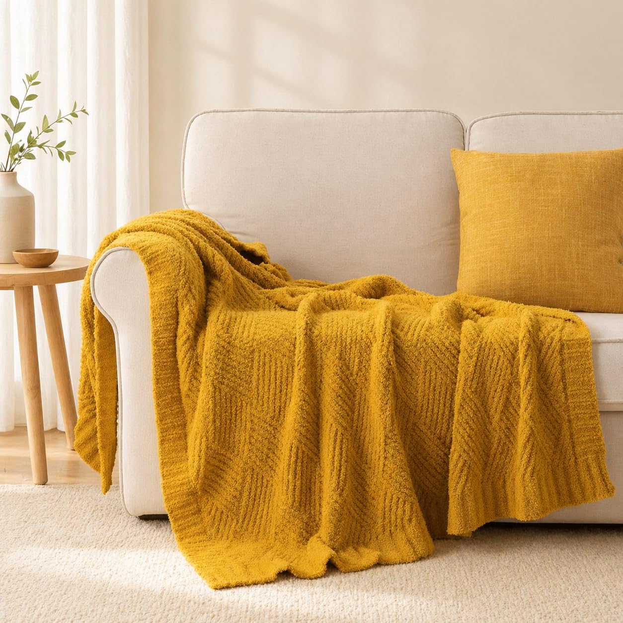 Battilo Yellow Chenille Throw Blanket for Couch, Soft Diamond Textured Knit Blanket, Cozy Lightweight Decorative for Sofa, 50"x60"