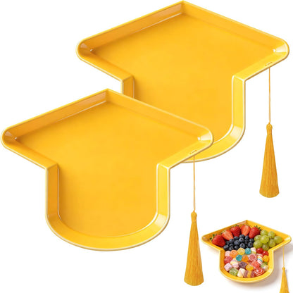 2 Pcs Graduation Cap Serving Trays, Fillable Grad Cap Serving Dish with Tassel, Reusable Plastic Graduation Hat Food Container for 2026 Graduating Party Supplies Table Decoration (Yellow)