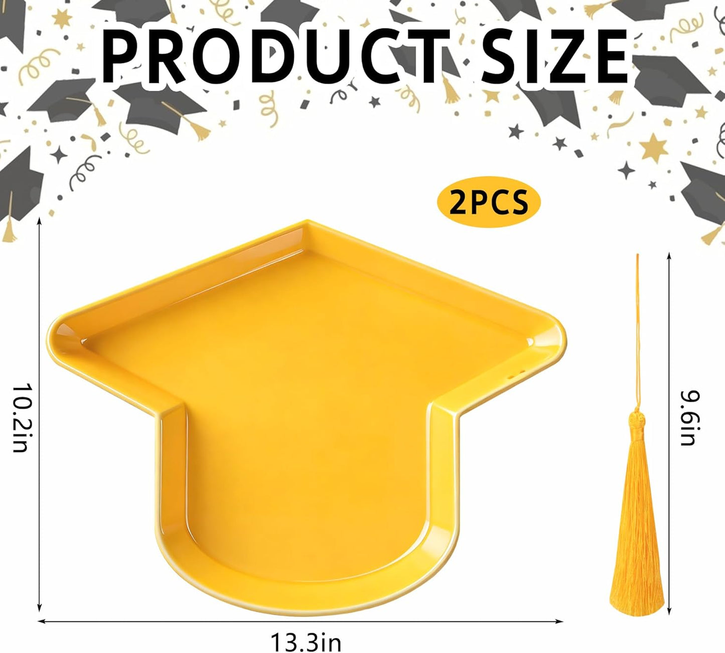 2 Pcs Graduation Cap Serving Trays, Fillable Grad Cap Serving Dish with Tassel, Reusable Plastic Graduation Hat Food Container for 2026 Graduating Party Supplies Table Decoration (Yellow)