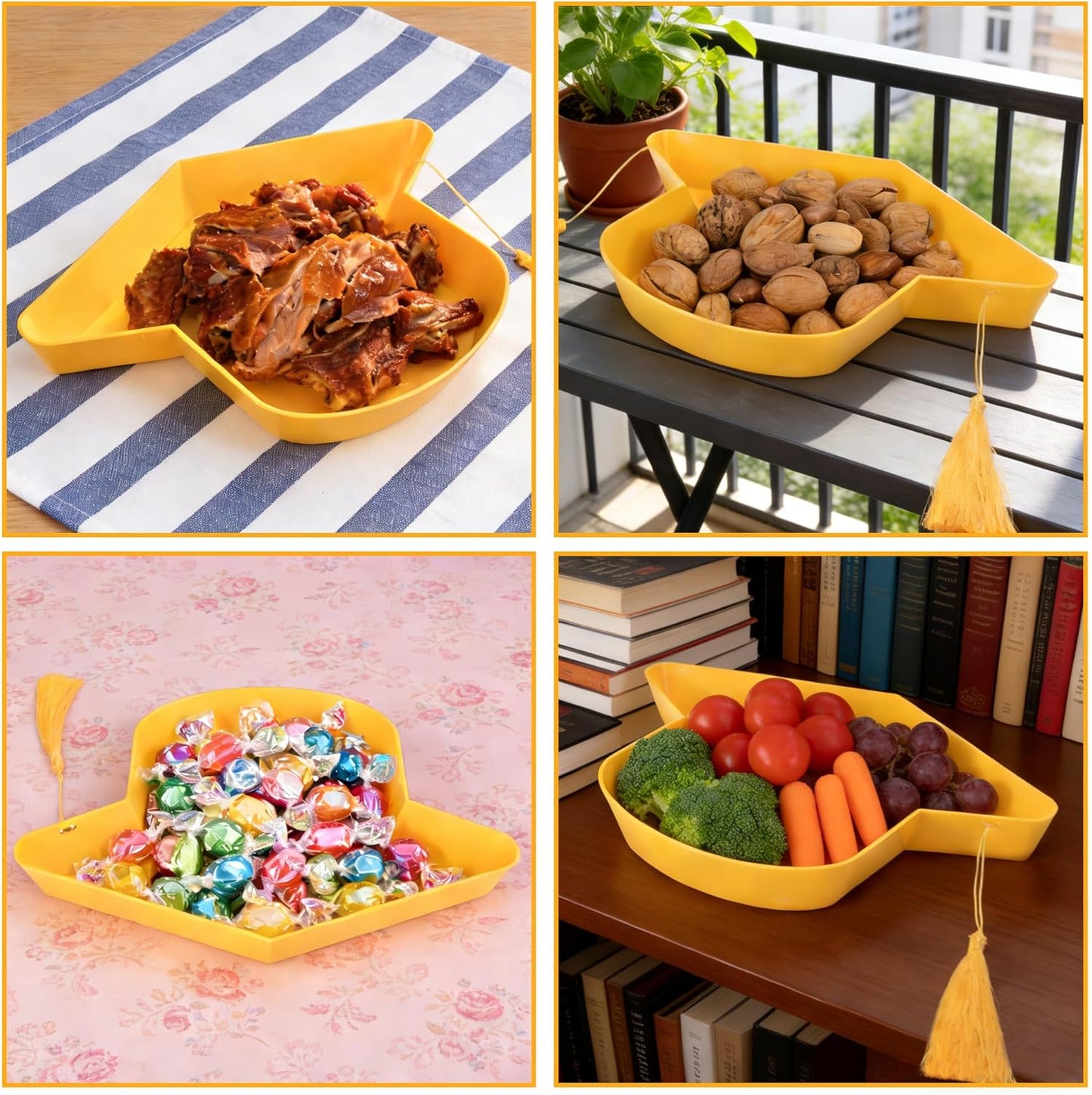 2 Pcs Graduation Cap Serving Trays, Fillable Grad Cap Serving Dish with Tassel, Reusable Plastic Graduation Hat Food Container for 2026 Graduating Party Supplies Table Decoration (Yellow)