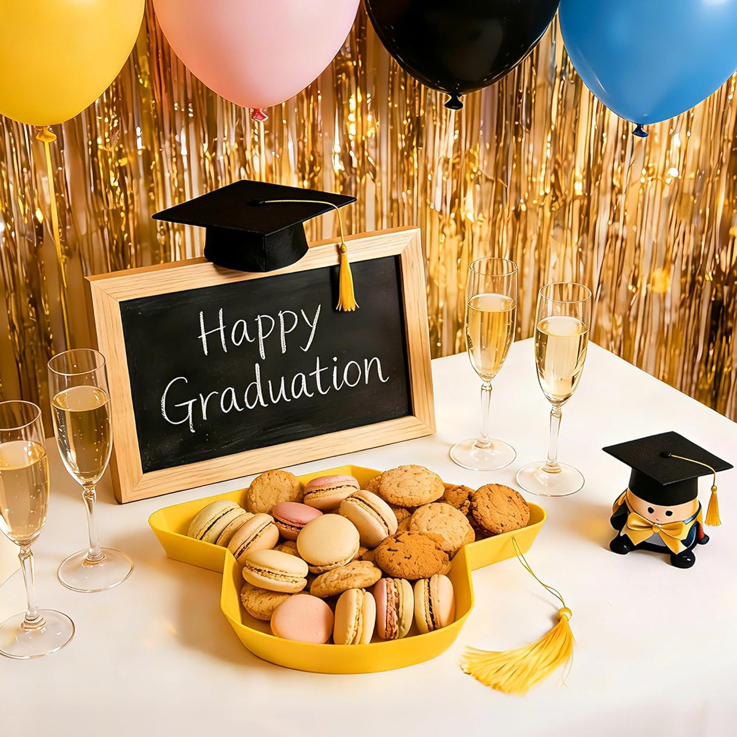 2 Pcs Graduation Cap Serving Trays, Fillable Grad Cap Serving Dish with Tassel, Reusable Plastic Graduation Hat Food Container for 2026 Graduating Party Supplies Table Decoration (Yellow)