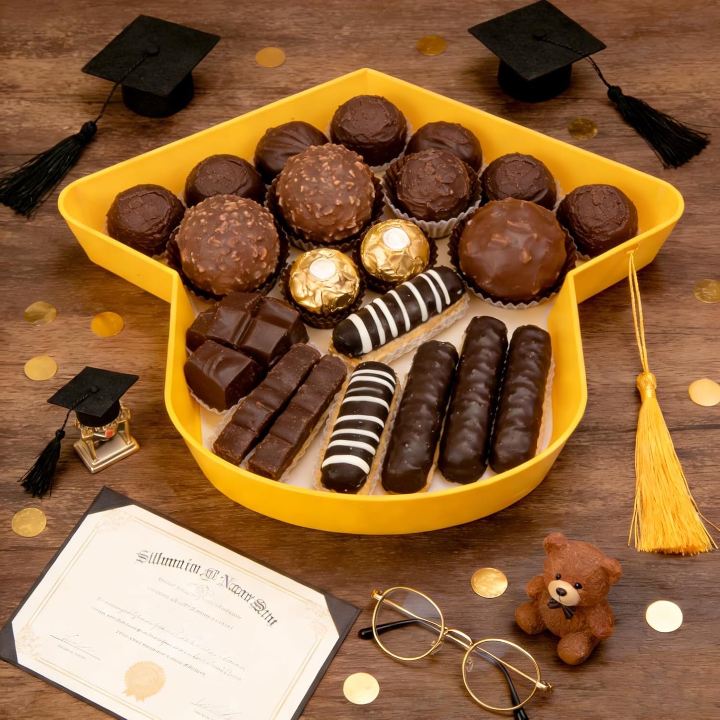 2 Pcs Graduation Cap Serving Trays, Fillable Grad Cap Serving Dish with Tassel, Reusable Plastic Graduation Hat Food Container for 2026 Graduating Party Supplies Table Decoration (Yellow)