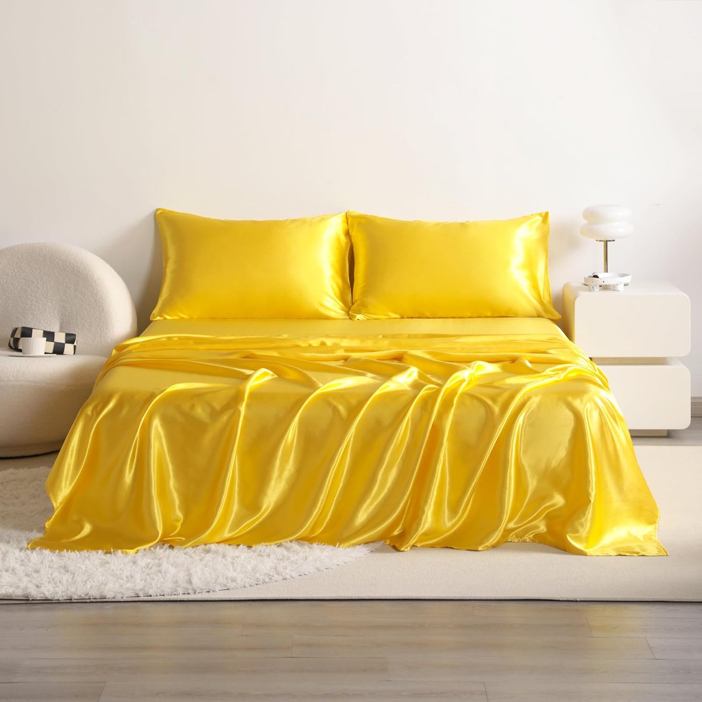 Queen Satin Bed Sheet Set, 4 Pieces Bed Sheet Set with Silky Solid Color, 1 Deep Pocket Fitted Sheet, 1 Flat Sheet, and 2 Pillowcases, Yellow
