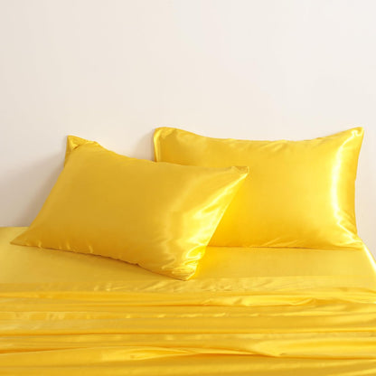 Queen Satin Bed Sheet Set, 4 Pieces Bed Sheet Set with Silky Solid Color, 1 Deep Pocket Fitted Sheet, 1 Flat Sheet, and 2 Pillowcases, Yellow