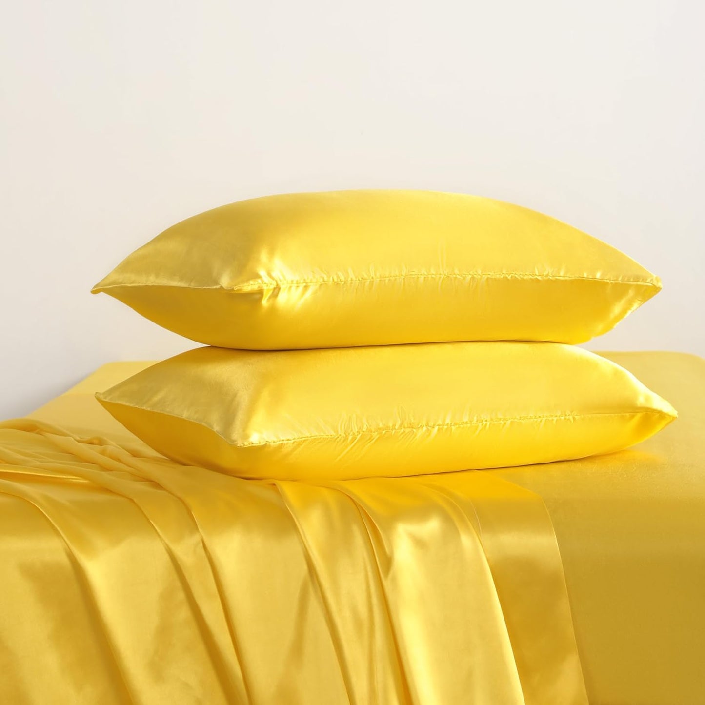 Queen Satin Bed Sheet Set, 4 Pieces Bed Sheet Set with Silky Solid Color, 1 Deep Pocket Fitted Sheet, 1 Flat Sheet, and 2 Pillowcases, Yellow