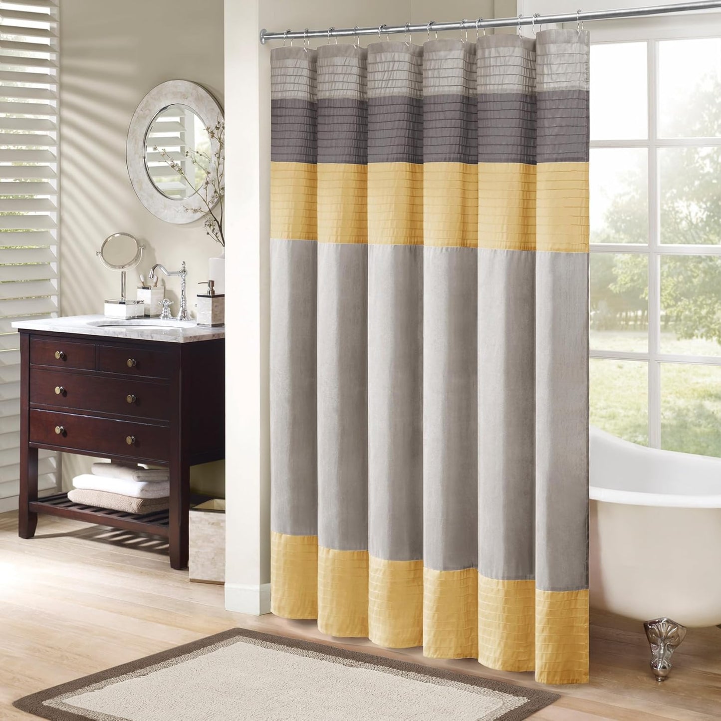 Amherst Bathroom Shower Curtain Faux Silk Pieced Striped Modern Microfiber Bath Curtains, 72x72 Inches, Yellow