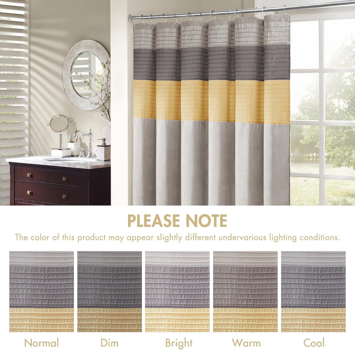 Amherst Bathroom Shower Curtain Faux Silk Pieced Striped Modern Microfiber Bath Curtains, 72x72 Inches, Yellow