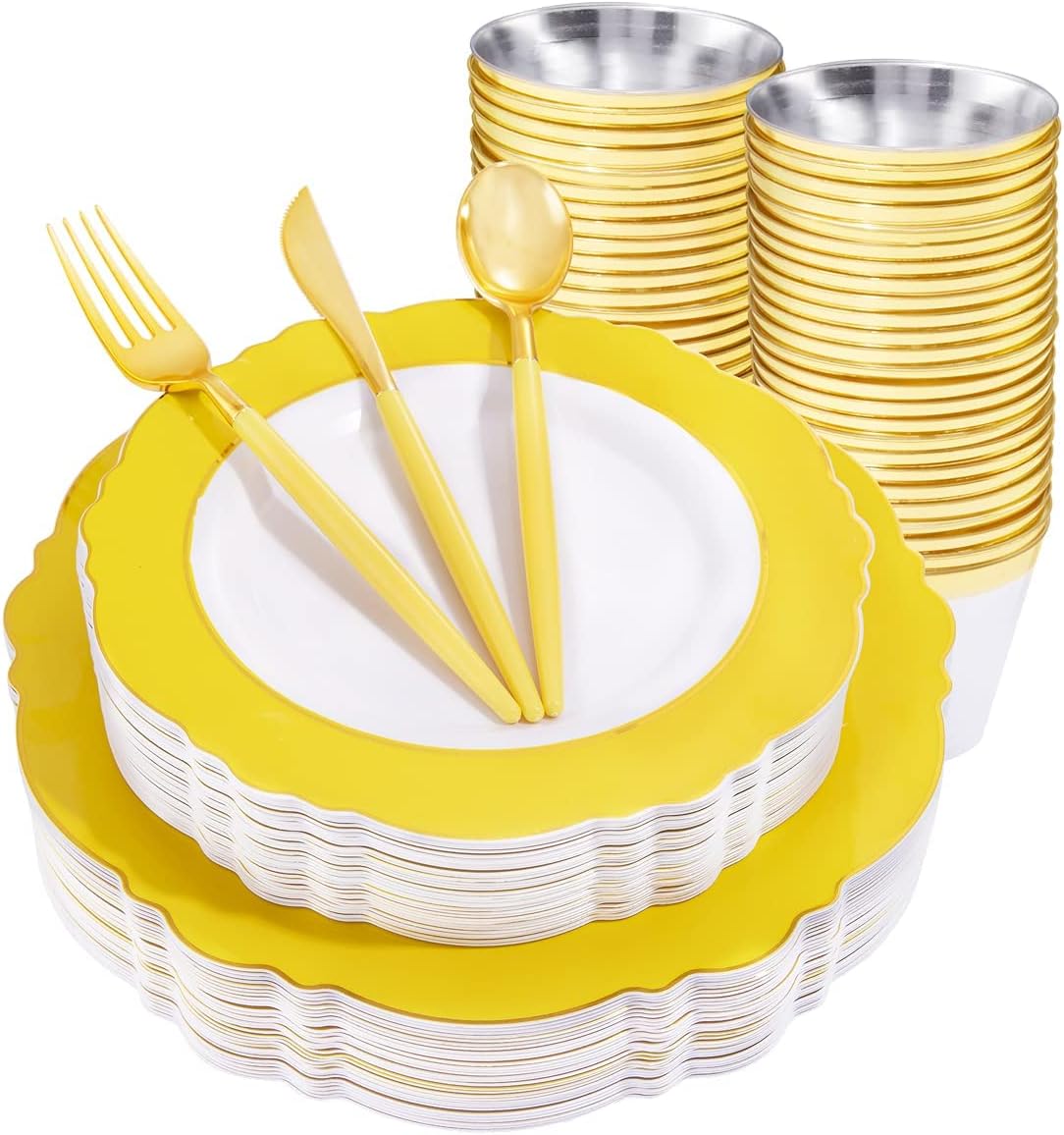 150pieces Yellow Disposable Dinnerware Hign-end Baroque Design - Sturdy&Durable Baroque Yellow Sunshine&Gold Plastic Dinnerware for Upscale Wedding/Birthday/Party