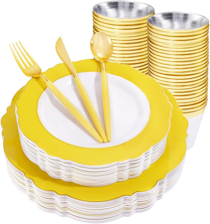 150pieces Yellow Disposable Dinnerware Hign-end Baroque Design - Sturdy&Durable Baroque Yellow Sunshine&Gold Plastic Dinnerware for Upscale Wedding/Birthday/Party