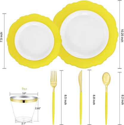 150pieces Yellow Disposable Dinnerware Hign-end Baroque Design - Sturdy&Durable Baroque Yellow Sunshine&Gold Plastic Dinnerware for Upscale Wedding/Birthday/Party