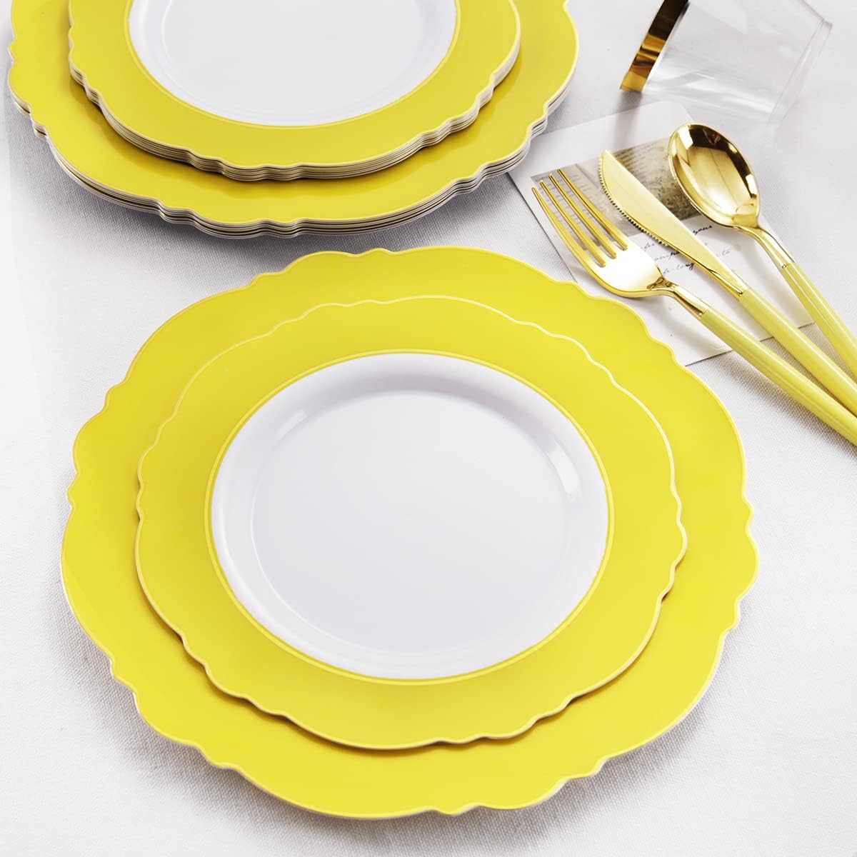 150pieces Yellow Disposable Dinnerware Hign-end Baroque Design - Sturdy&Durable Baroque Yellow Sunshine&Gold Plastic Dinnerware for Upscale Wedding/Birthday/Party