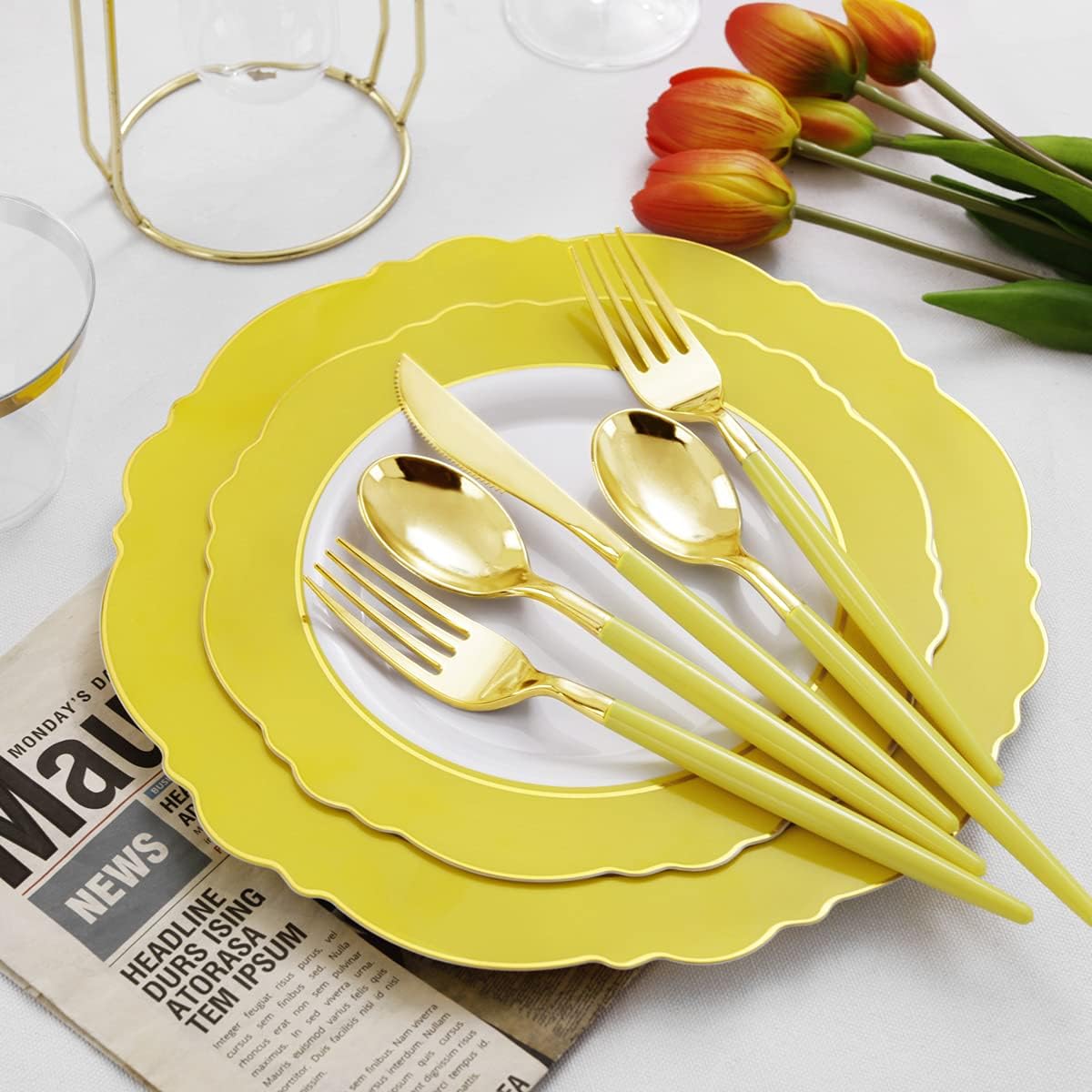 150pieces Yellow Disposable Dinnerware Hign-end Baroque Design - Sturdy&Durable Baroque Yellow Sunshine&Gold Plastic Dinnerware for Upscale Wedding/Birthday/Party