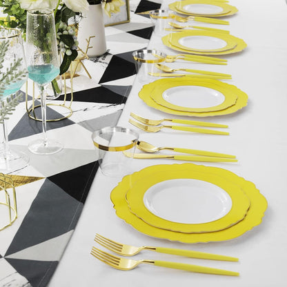 150pieces Yellow Disposable Dinnerware Hign-end Baroque Design - Sturdy&Durable Baroque Yellow Sunshine&Gold Plastic Dinnerware for Upscale Wedding/Birthday/Party