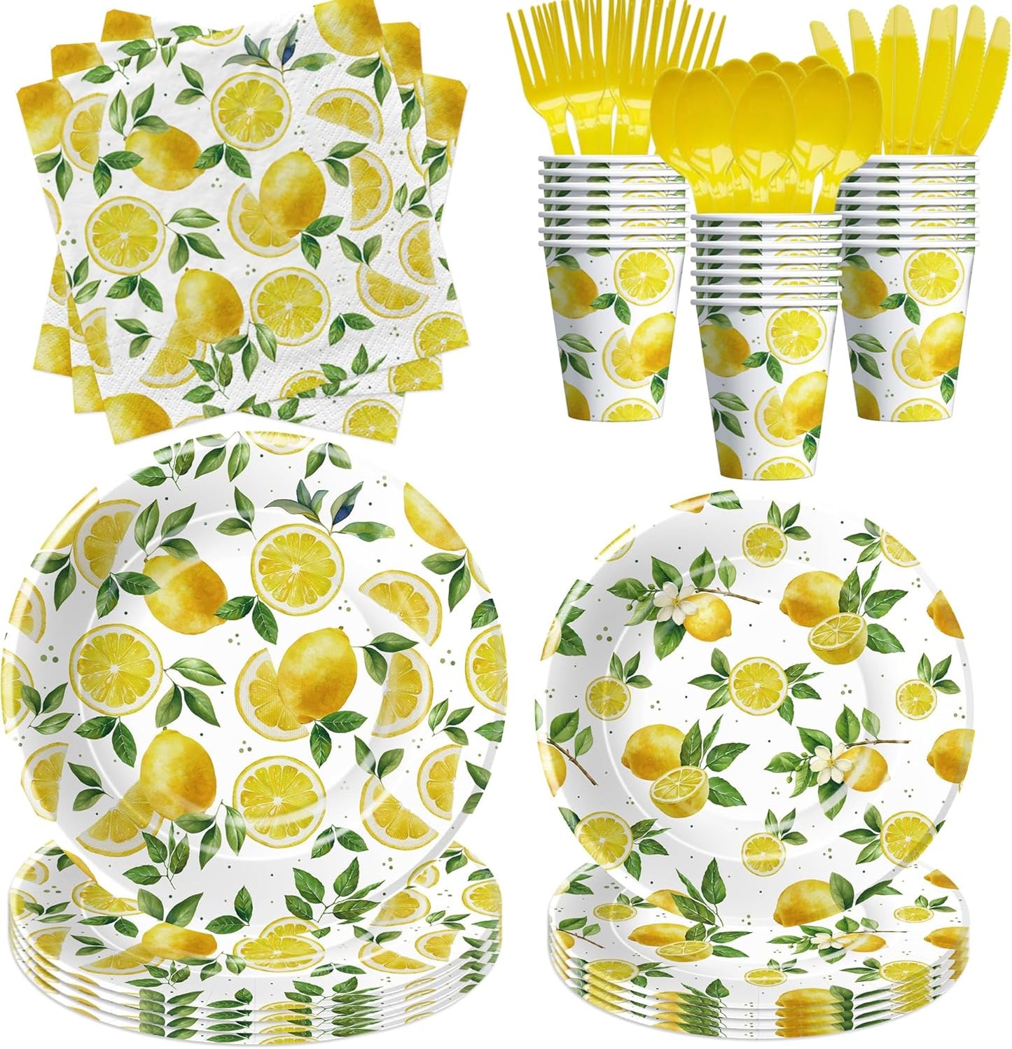 Lemon Party Decorations Tableware, Disposable Summer Theme Lemon Birthday Party Supplies, Paper Plate, Napkin, Cup, Cutlery, for Birthday Baby Shower Bridal Shower, 24 Guests