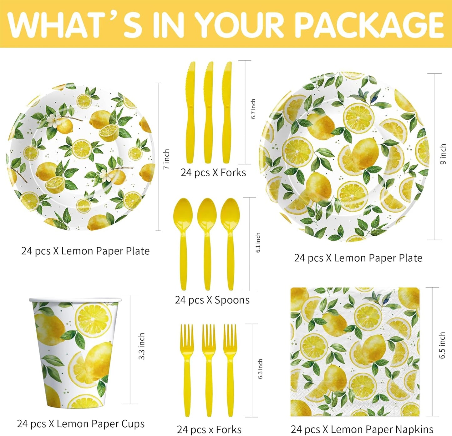 Lemon Party Decorations Tableware, Disposable Summer Theme Lemon Birthday Party Supplies, Paper Plate, Napkin, Cup, Cutlery, for Birthday Baby Shower Bridal Shower, 24 Guests