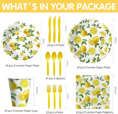 Lemon Party Decorations Tableware, Disposable Summer Theme Lemon Birthday Party Supplies, Paper Plate, Napkin, Cup, Cutlery, for Birthday Baby Shower Bridal Shower, 24 Guests