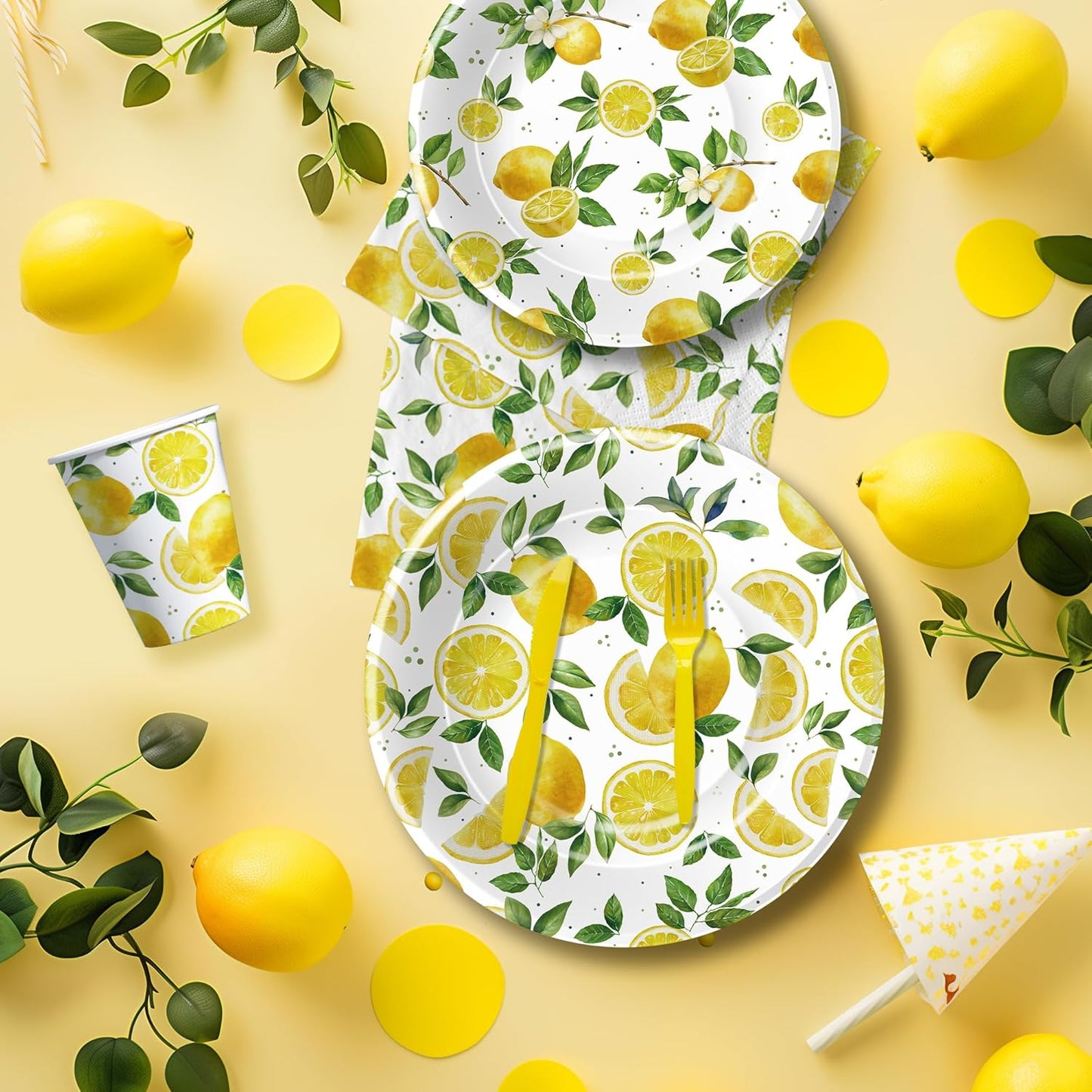 Lemon Party Decorations Tableware, Disposable Summer Theme Lemon Birthday Party Supplies, Paper Plate, Napkin, Cup, Cutlery, for Birthday Baby Shower Bridal Shower, 24 Guests