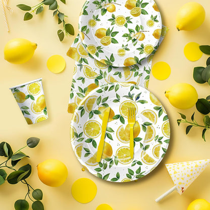 Lemon Party Decorations Tableware, Disposable Summer Theme Lemon Birthday Party Supplies, Paper Plate, Napkin, Cup, Cutlery, for Birthday Baby Shower Bridal Shower, 24 Guests