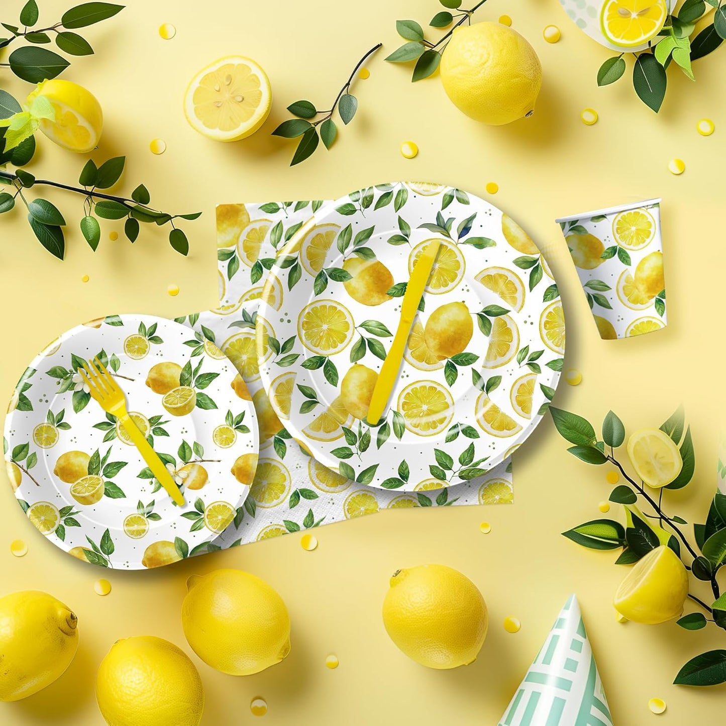 Lemon Party Decorations Tableware, Disposable Summer Theme Lemon Birthday Party Supplies, Paper Plate, Napkin, Cup, Cutlery, for Birthday Baby Shower Bridal Shower, 24 Guests