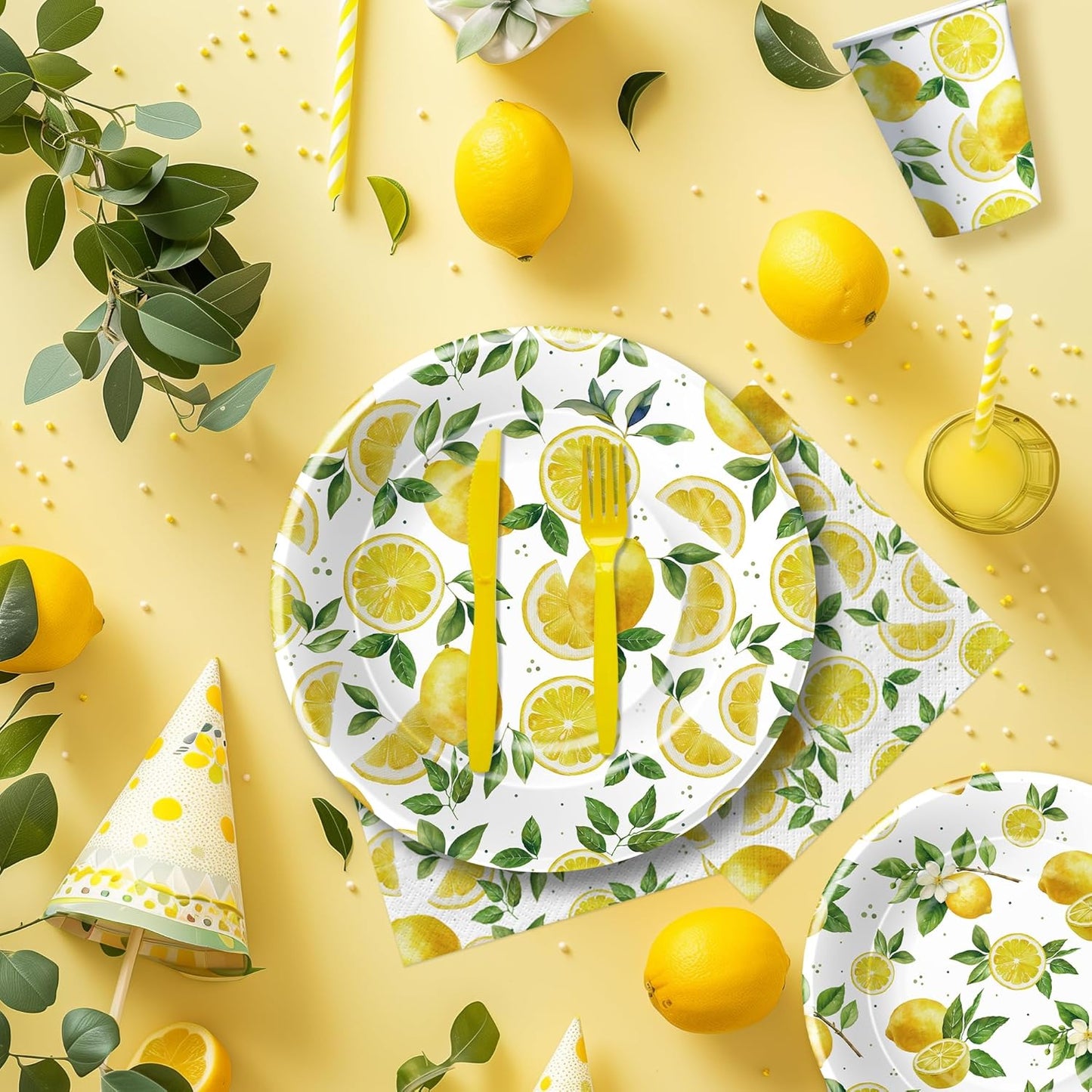 Lemon Party Decorations Tableware, Disposable Summer Theme Lemon Birthday Party Supplies, Paper Plate, Napkin, Cup, Cutlery, for Birthday Baby Shower Bridal Shower, 24 Guests