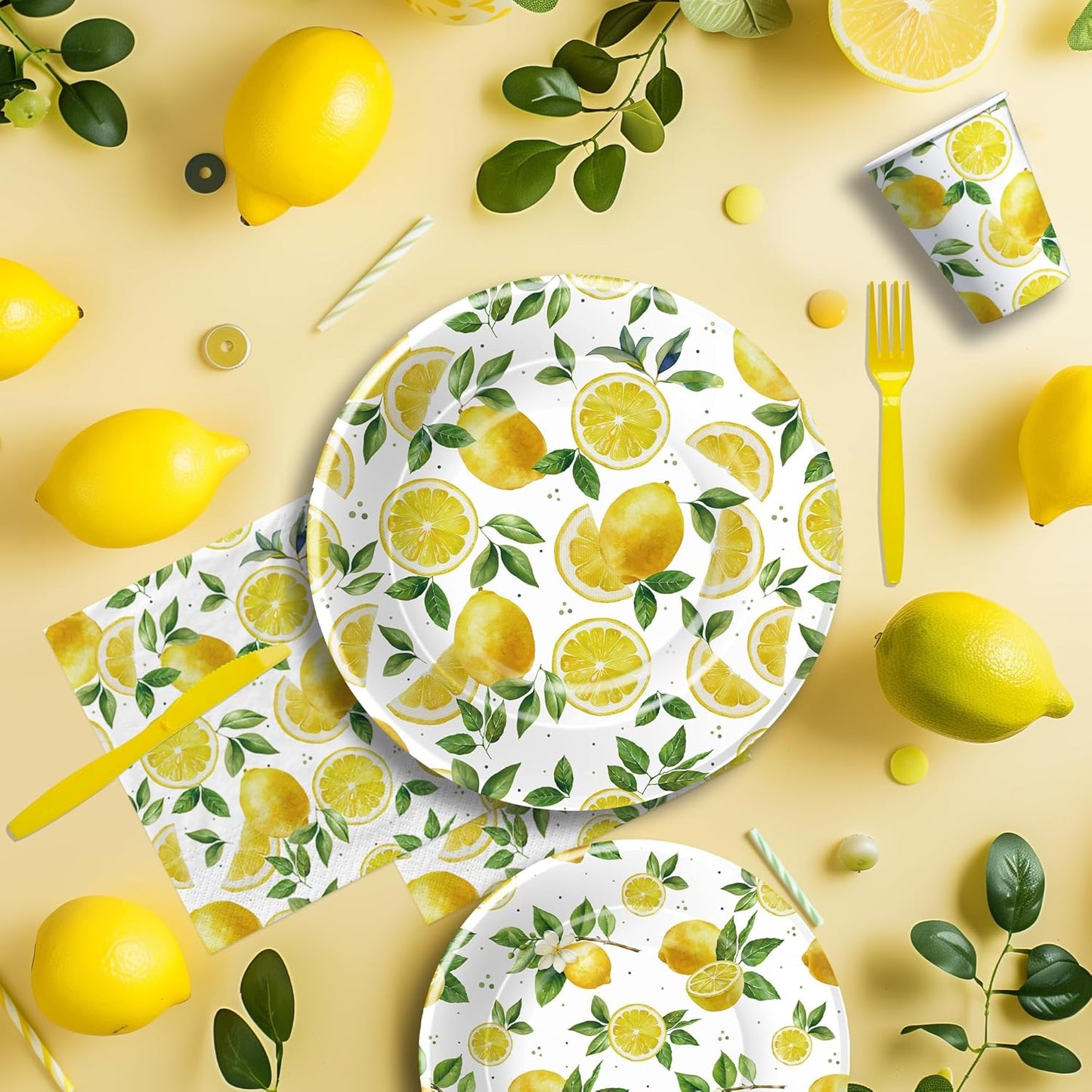 Lemon Party Decorations Tableware, Disposable Summer Theme Lemon Birthday Party Supplies, Paper Plate, Napkin, Cup, Cutlery, for Birthday Baby Shower Bridal Shower, 24 Guests