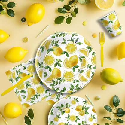 Lemon Party Decorations Tableware, Disposable Summer Theme Lemon Birthday Party Supplies, Paper Plate, Napkin, Cup, Cutlery, for Birthday Baby Shower Bridal Shower, 24 Guests