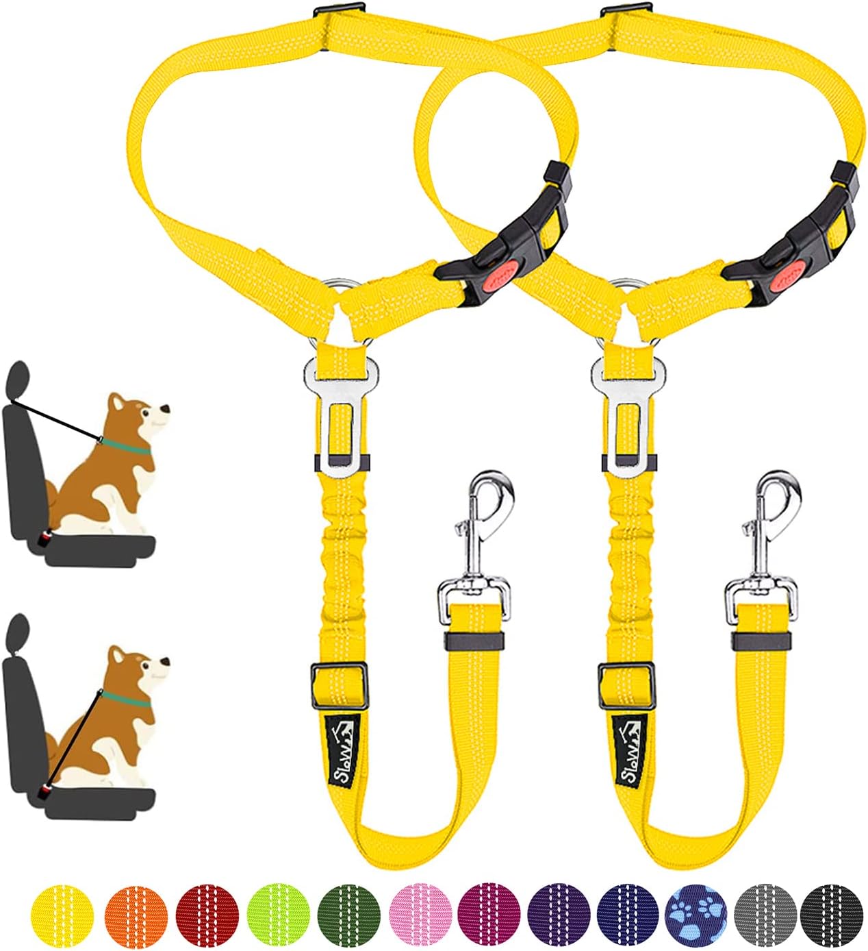 Dog Seat Belt for Car, 2 Pack Dog Car Harness Seatbelt with Bungee | 2 in 1 Pet Car Leash Headrest Restraint & Dog Safety Tether Clip, Adjustable with Elastic Buffer, Reflective, Yellow M/L