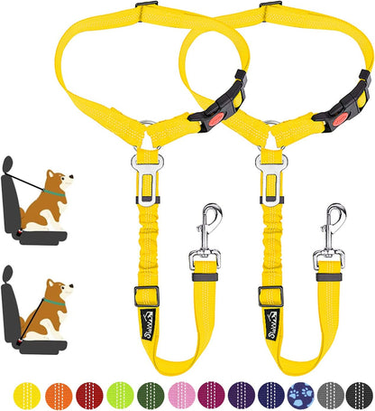 Dog Seat Belt for Car, 2 Pack Dog Car Harness Seatbelt with Bungee | 2 in 1 Pet Car Leash Headrest Restraint & Dog Safety Tether Clip, Adjustable with Elastic Buffer, Reflective, Yellow M/L