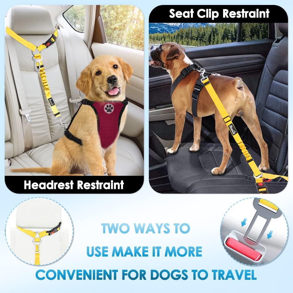 Dog Seat Belt for Car, 2 Pack Dog Car Harness Seatbelt with Bungee | 2 in 1 Pet Car Leash Headrest Restraint & Dog Safety Tether Clip, Adjustable with Elastic Buffer, Reflective, Yellow M/L