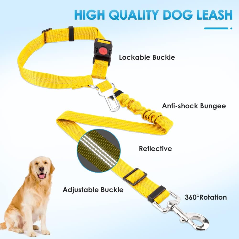 Dog Seat Belt for Car, 2 Pack Dog Car Harness Seatbelt with Bungee | 2 in 1 Pet Car Leash Headrest Restraint & Dog Safety Tether Clip, Adjustable with Elastic Buffer, Reflective, Yellow M/L