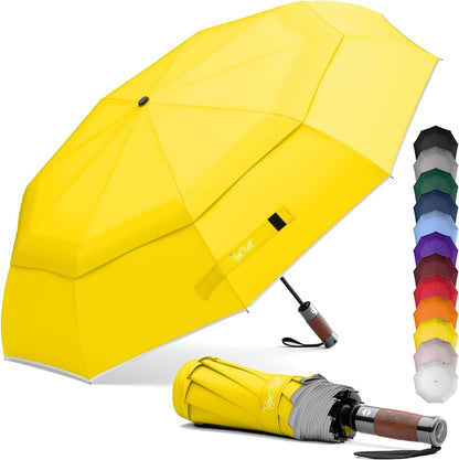 Royal Walk Compact Travel Umbrella for Rain, Windproof, Small & Portable | Heavy Duty Automatic Open Close Folding Umbrella for Men & Women, Strong & Wind Resistant Vented Double Canopy, Wooden Handle