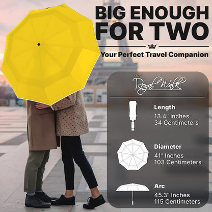 Royal Walk Compact Travel Umbrella for Rain, Windproof, Small & Portable | Heavy Duty Automatic Open Close Folding Umbrella for Men & Women, Strong & Wind Resistant Vented Double Canopy, Wooden Handle