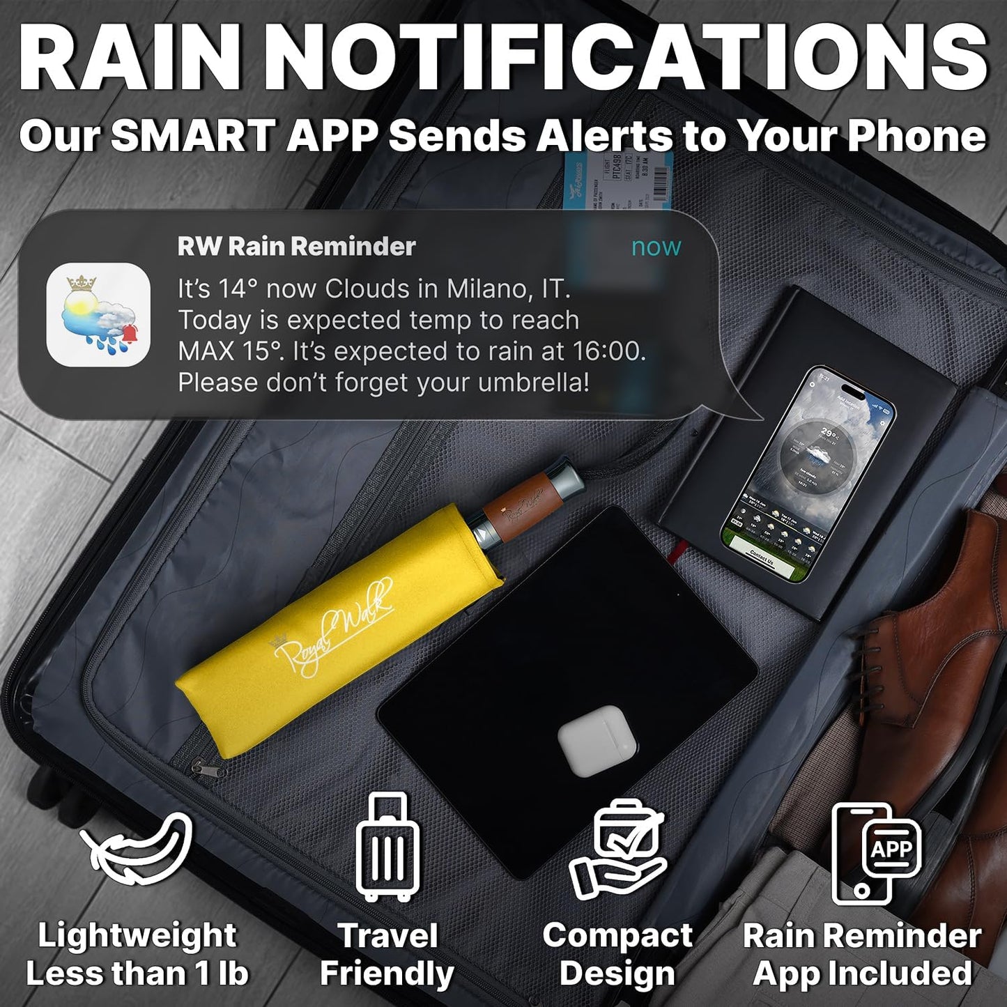 Royal Walk Compact Travel Umbrella for Rain, Windproof, Small & Portable | Heavy Duty Automatic Open Close Folding Umbrella for Men & Women, Strong & Wind Resistant Vented Double Canopy, Wooden Handle