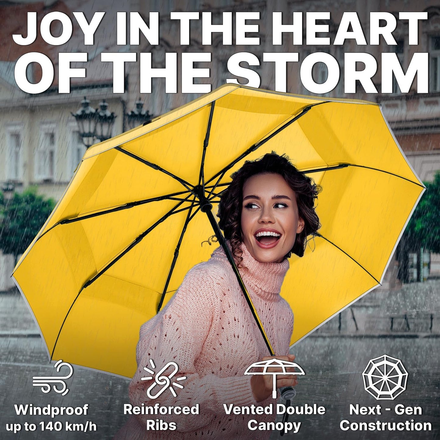 Royal Walk Compact Travel Umbrella for Rain, Windproof, Small & Portable | Heavy Duty Automatic Open Close Folding Umbrella for Men & Women, Strong & Wind Resistant Vented Double Canopy, Wooden Handle