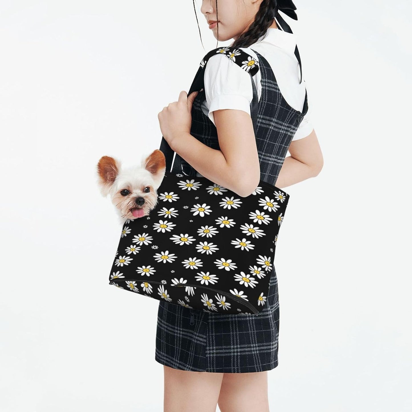 Daisies On Yellow Background Portable Pet Carrier Bag Foldable Shoulder Travel Cat Dog Carrier